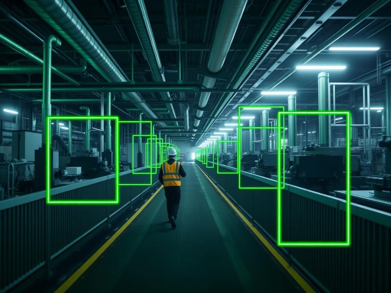 Computer vision detecting workers and PPE on an industrial walkway