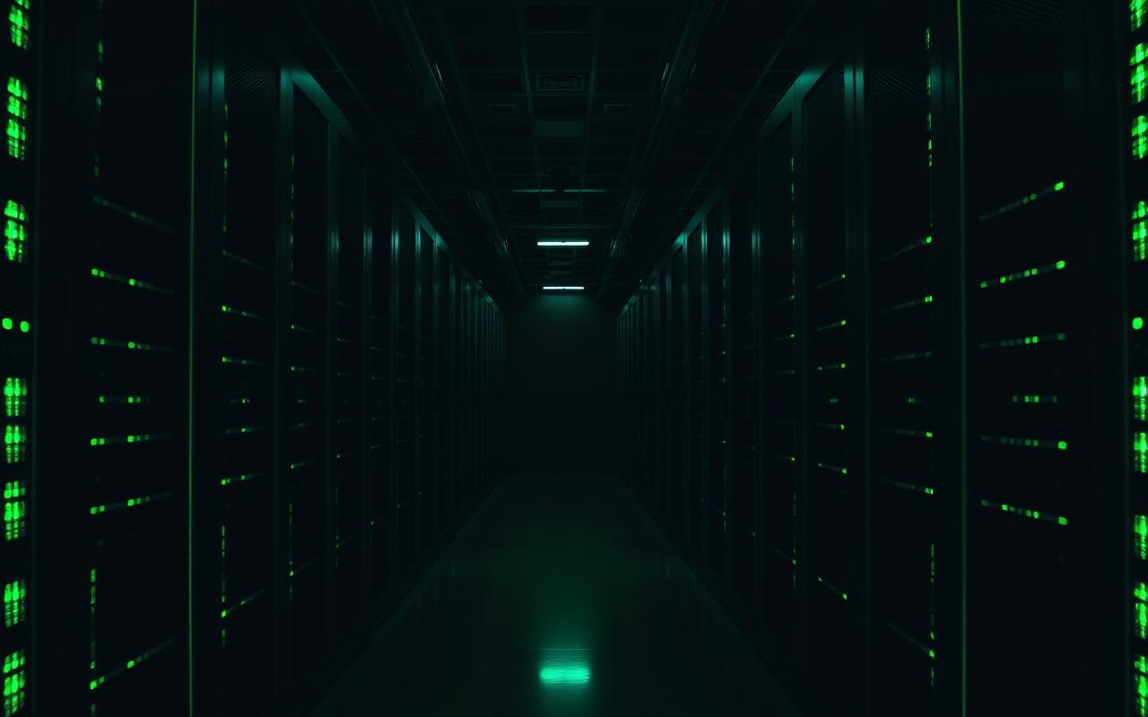 Dark data center aisle with green-lit server racks