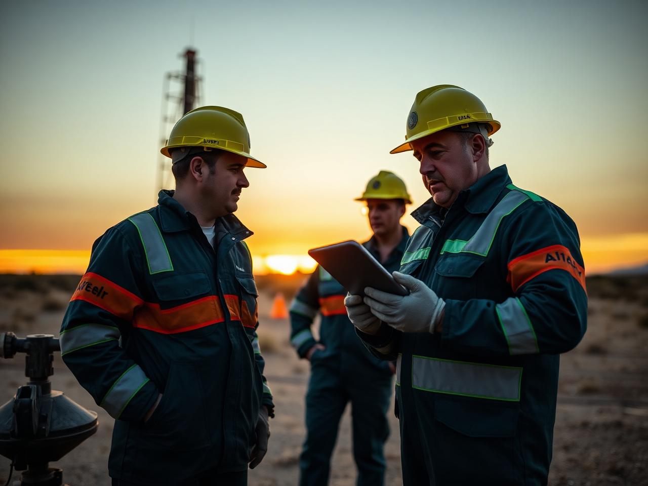 Field crew reviewing safety data on a rugged tablet at a wellsite