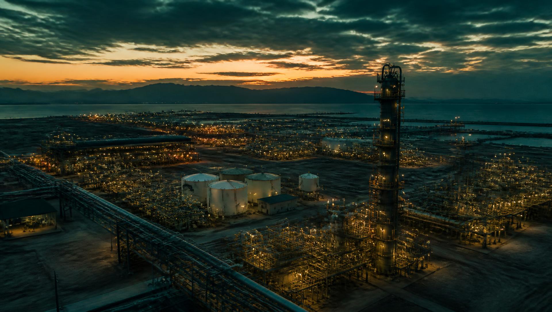 Industrial oil and gas facility at dusk
